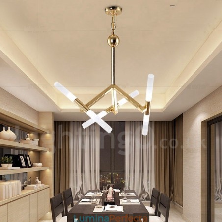 Candelabru auriu modern contemporan, cu 2 niveluri, 6 lumini Candelabru auriu modern contemporan, cu 2 niveluri, 6 lumini