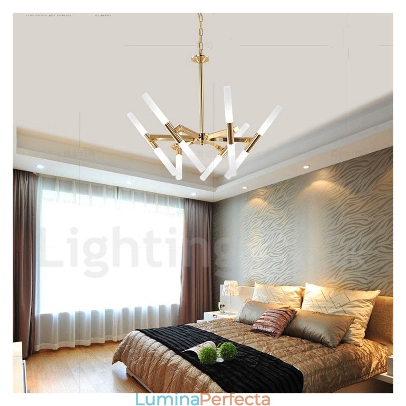 Candelabru auriu modern, contemporan, cu 2 niveluri, 12 lumini