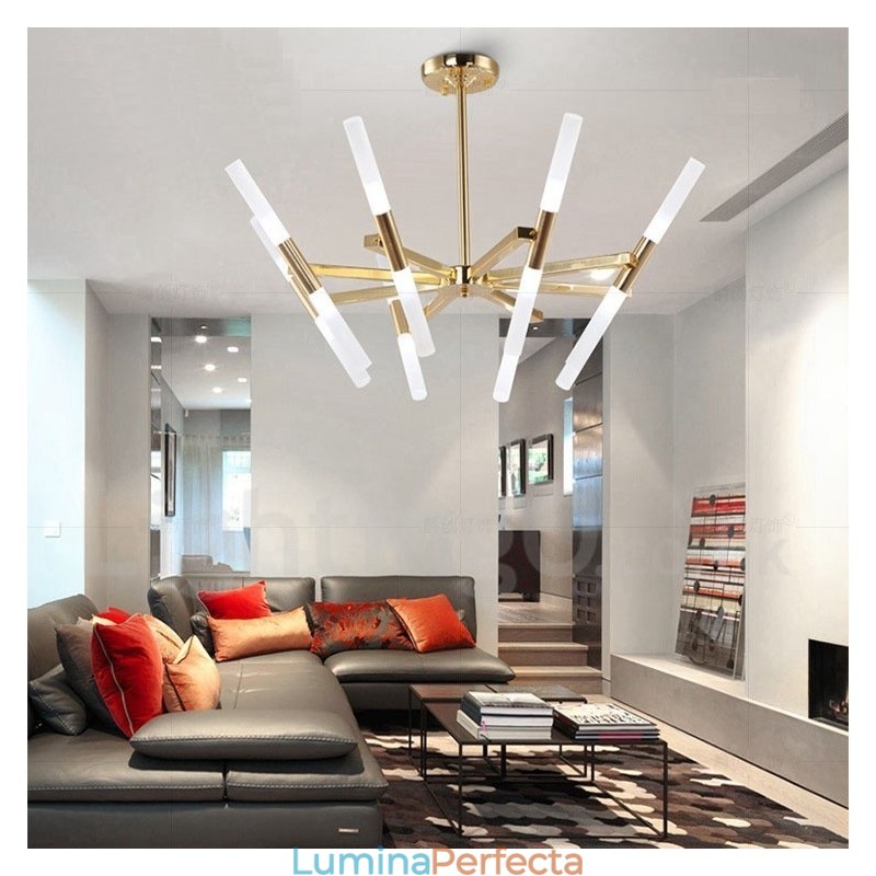 Candelabru auriu modern contemporan, cu 2 niveluri, 16 lumini