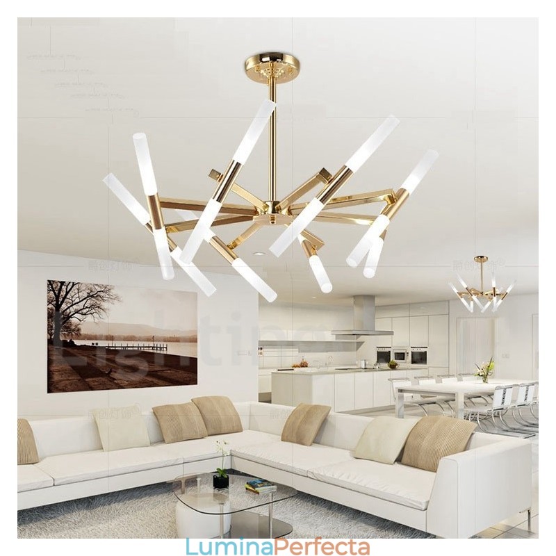 Candelabru auriu modern contemporan, cu 2 niveluri, 16 lumini