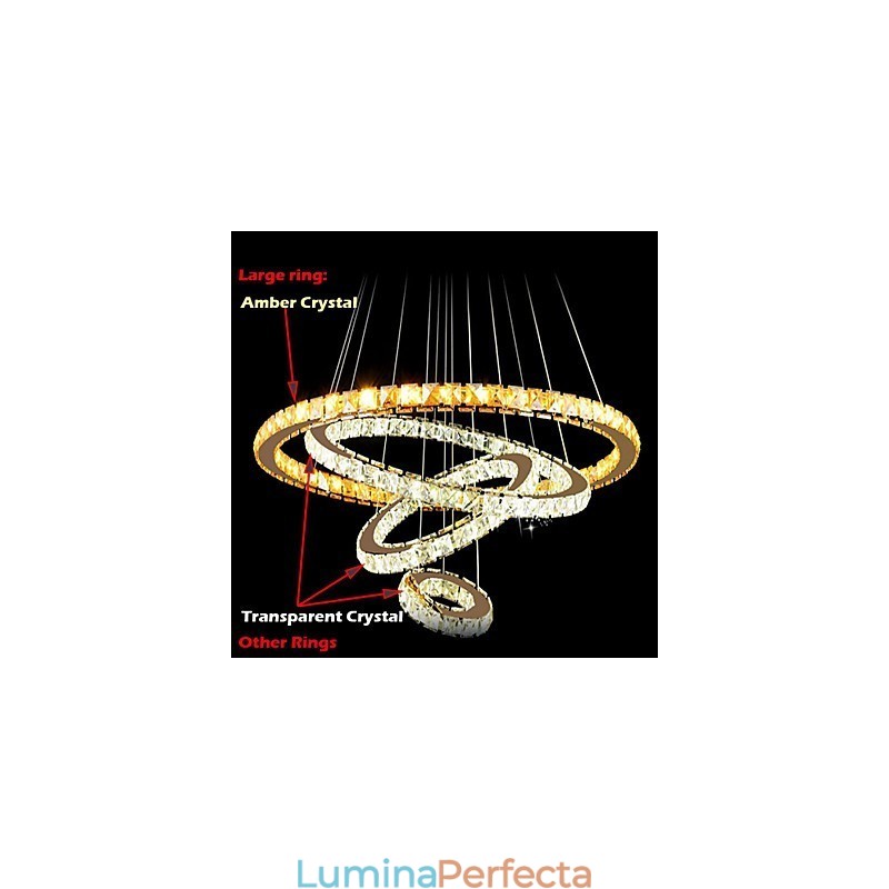 Lampă modernă cu pandantiv din cristal Lampă de tavan cu 4 inele Inel mare Cristal chihlimbar și alte cristale transparente