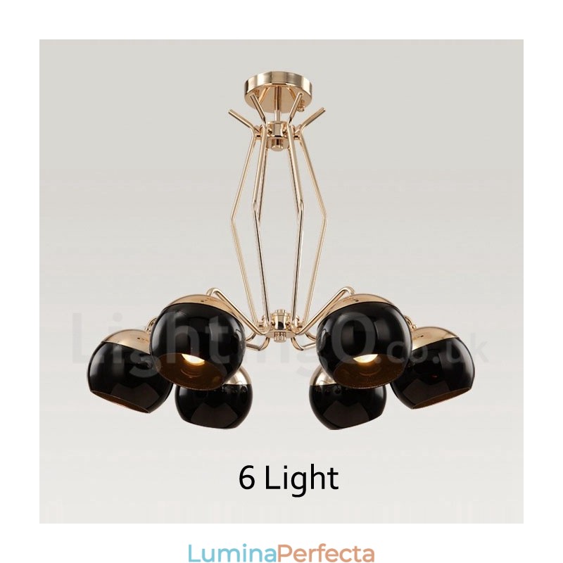 Candelabru modern contemporan, metalic, cu un singur nivel, cu 6 lumini, cu abajur din sticlă