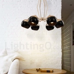Candelabru modern contemporan, metalic, cu un singur nivel, cu 6 lumini, cu abajur din sticlă