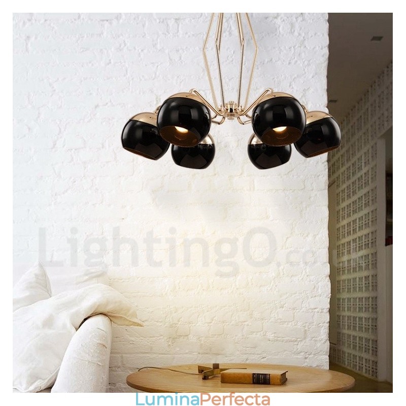 Candelabru modern contemporan, metalic, cu un singur nivel, cu 6 lumini, cu abajur din sticlă