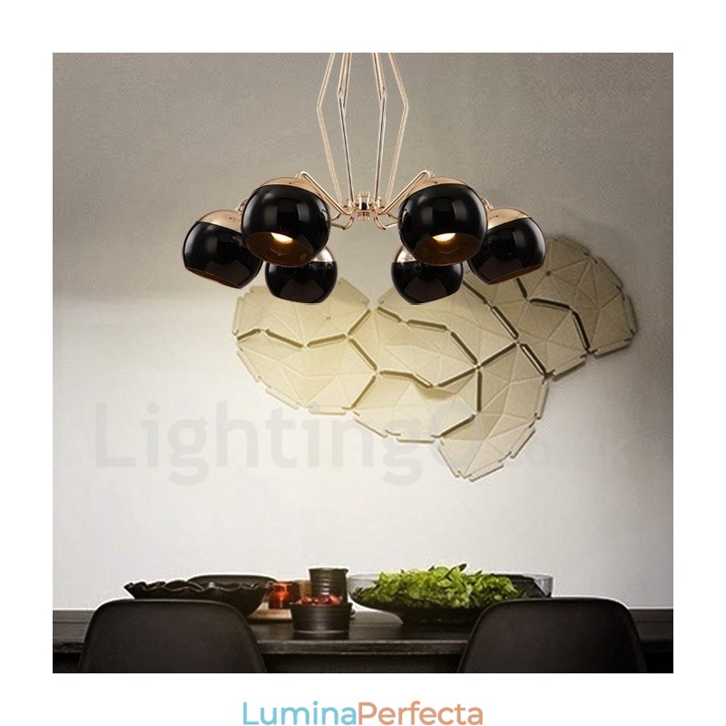 Candelabru modern contemporan, metalic, cu un singur nivel, cu 6 lumini, cu abajur din sticlă