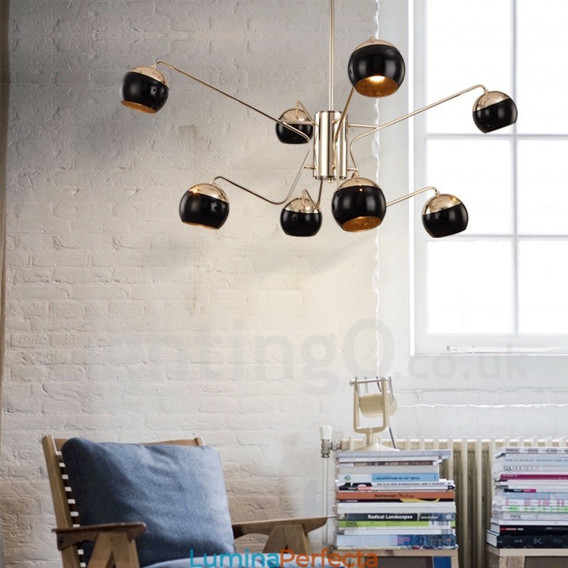 Candelabru modern, contemporan, din metal, cu 8 lumini, cu 2 niveluri, cu abajur din sticlă