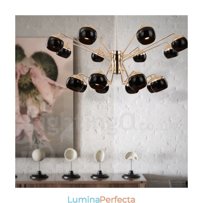 Candelabru modern, contemporan, din metal, cu 2 niveluri, cu 16 lumini, cu abajur din sticlă