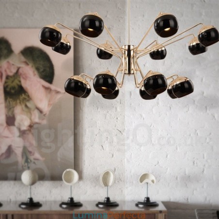 Candelabru modern, contemporan, din metal, cu 2 niveluri, cu 16 lumini, cu abajur din sticlă