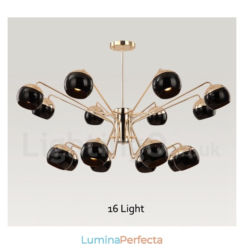 Candelabru modern, contemporan, din metal, cu 2 niveluri, cu 16 lumini, cu abajur din sticlă