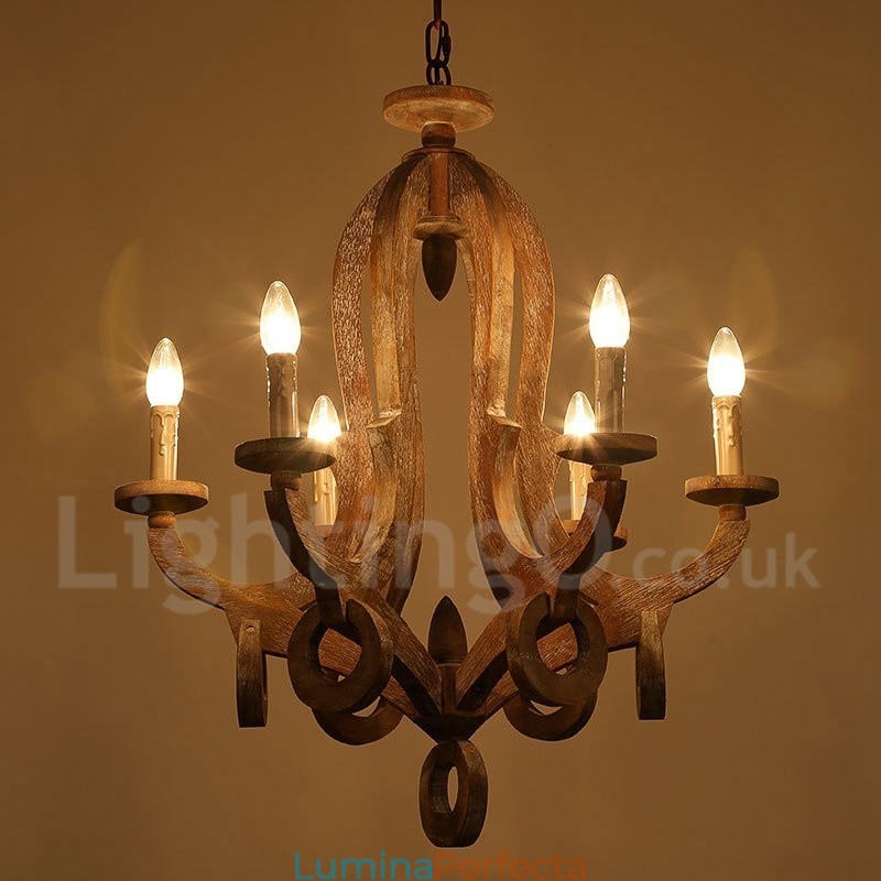 Candelabru rustic din lemn, vintage, cu 6 lumini, cu un singur nivel