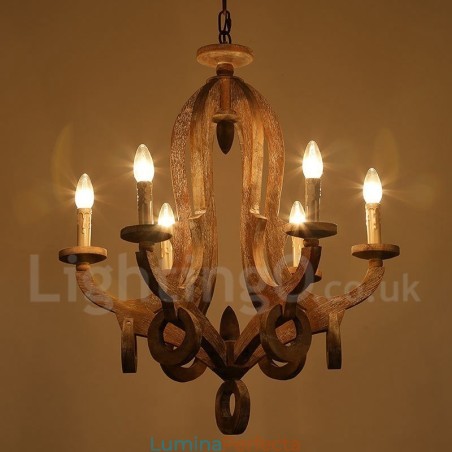 Candelabru rustic din lemn, vintage, cu 6 lumini, cu un singur nivel Candelabru rustic din lemn, vintage, cu 6 lumini, cu un singur nivel