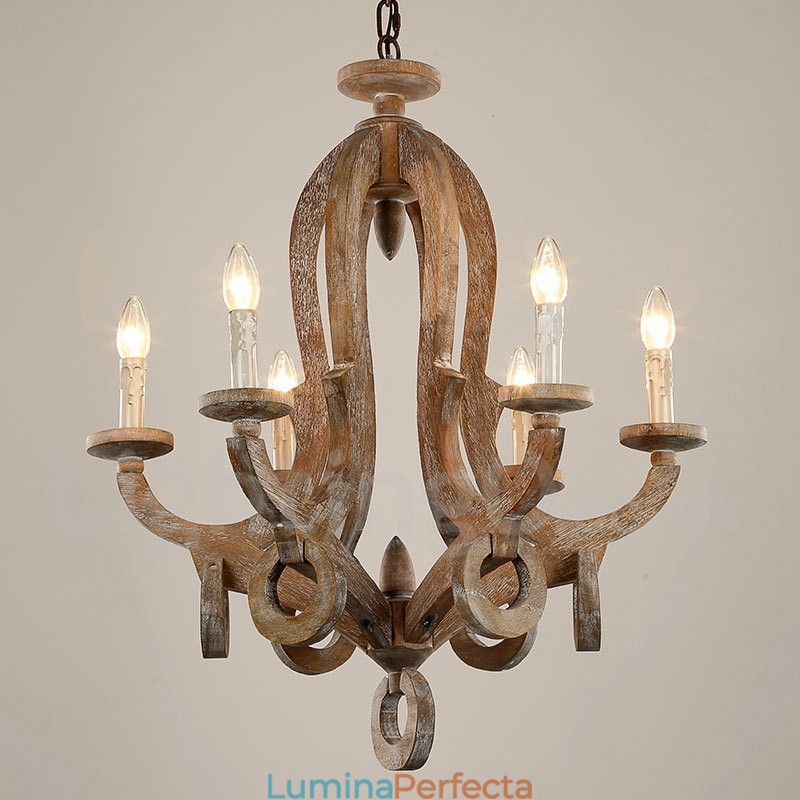 Candelabru rustic din lemn, vintage, cu 6 lumini, cu un singur nivel