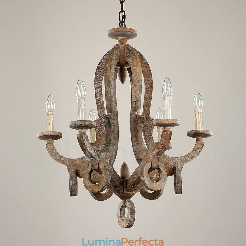 Candelabru rustic din lemn, vintage, cu 6 lumini, cu un singur nivel
