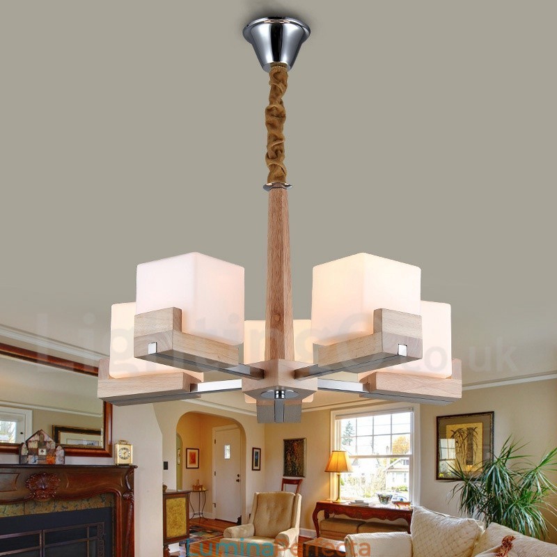 Candelabru modern contemporan din lemn, cu 5 lumini, un singur nivel