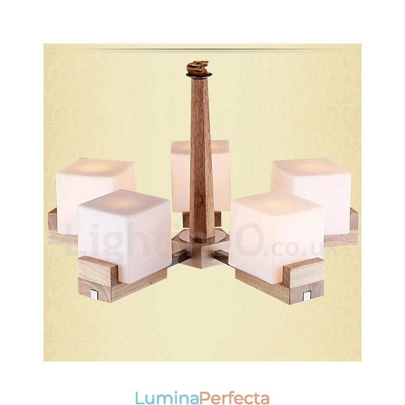Candelabru modern contemporan din lemn, cu 5 lumini, un singur nivel