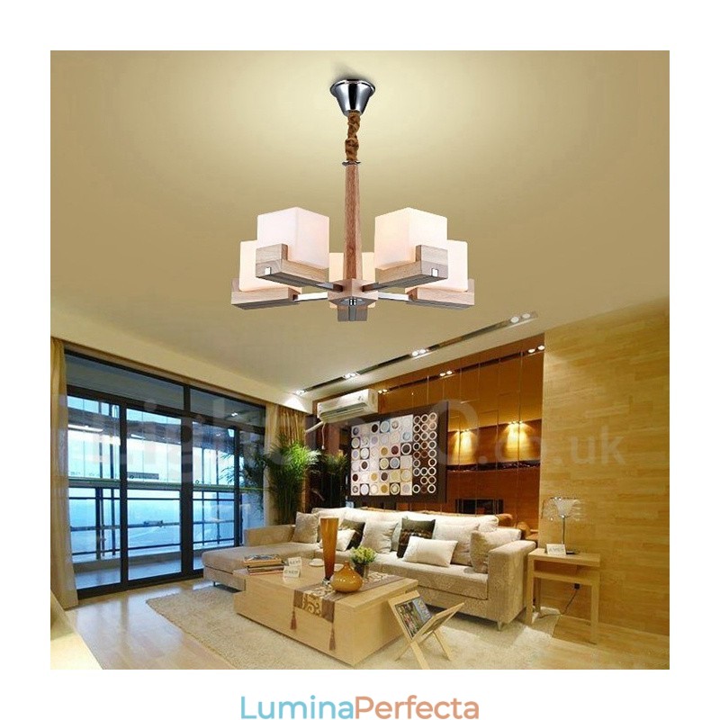 Candelabru modern contemporan din lemn, cu 5 lumini, un singur nivel