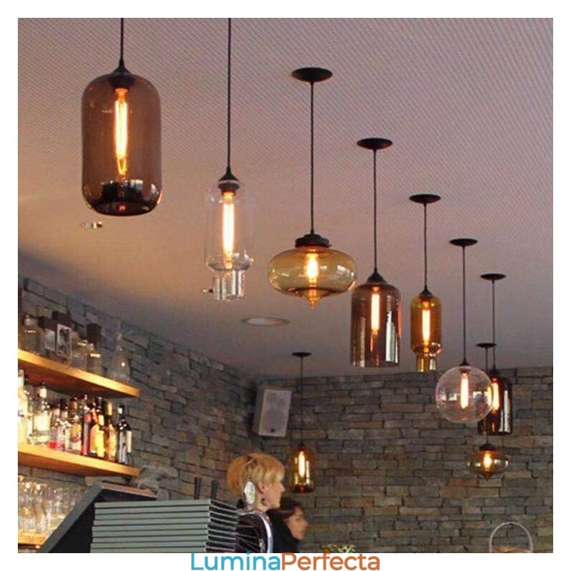 Lampă suspendată din sticlă modernă, în mai multe culori, cu 1 lumină