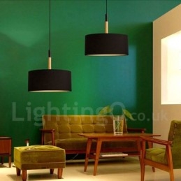 Lampă suspendată modernă, contemporană, din lemn, cu abajur din material textil
