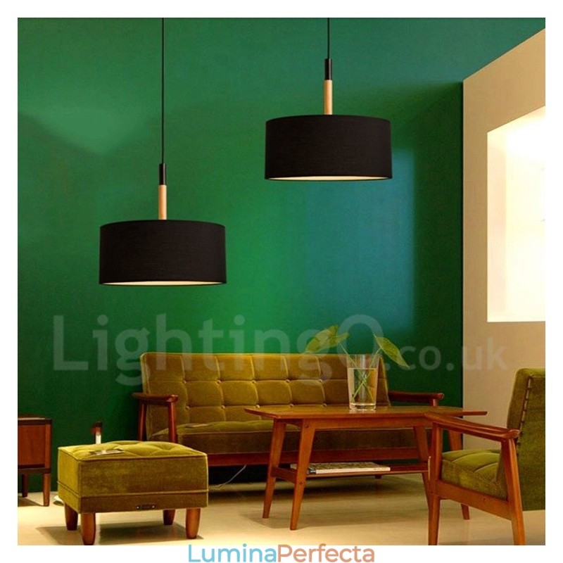 Lampă suspendată modernă, contemporană, din lemn, cu abajur din material textil