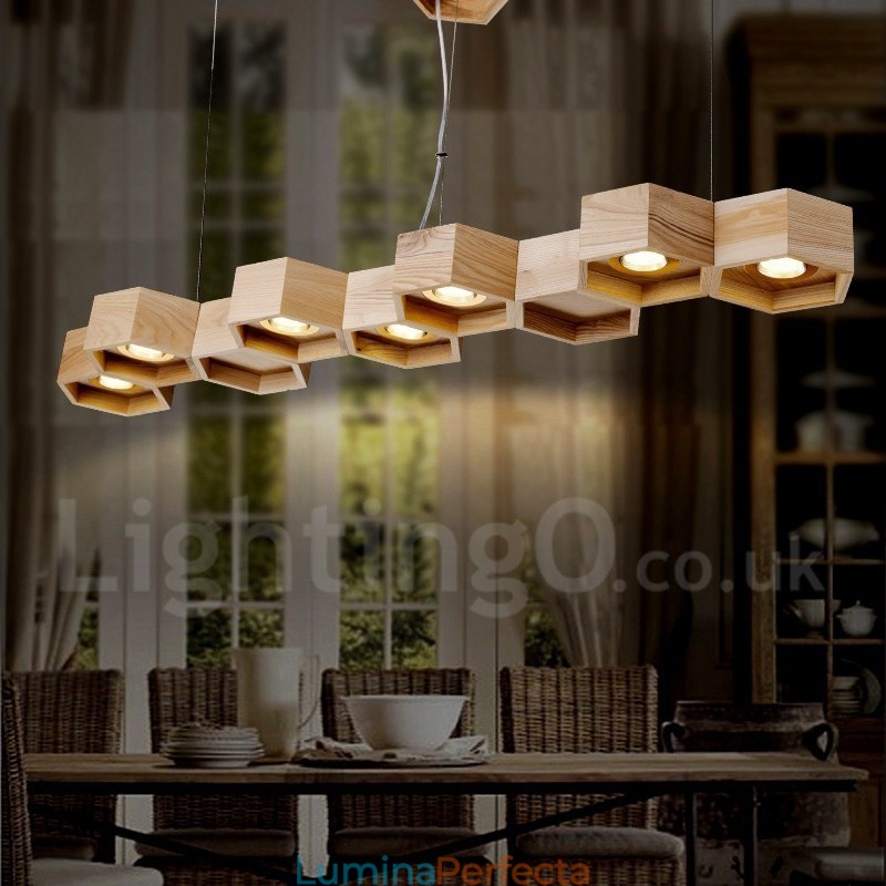 Lampă suspendată modernă contemporană din lemn deschis cu 7 lumini