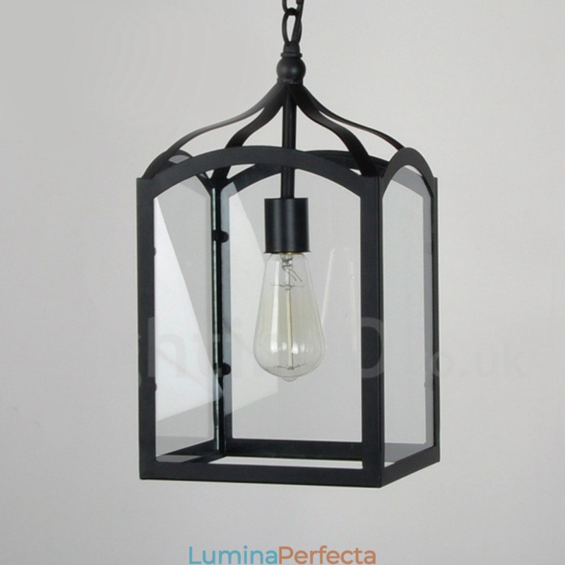 Lampă suspendată metal rustic Lodge cu abajur din sticlă