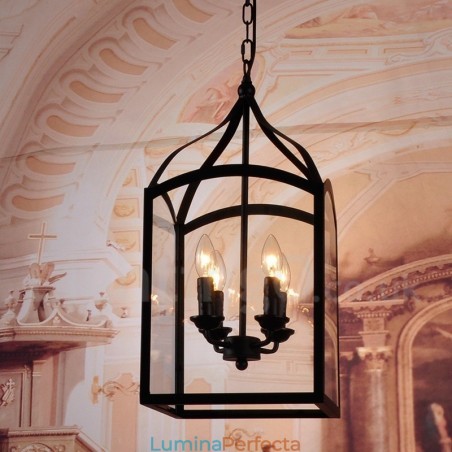 Lampă suspendată rustic Lodge cu 4 lumini, metal negru, cu abajur din sticlă Lampă suspendată rustic Lodge cu 4 lumini, metal negru, cu abajur din sticlă