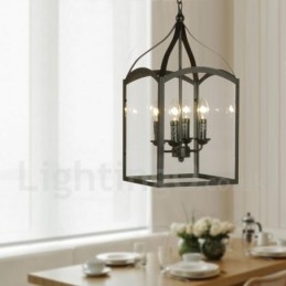 Lampă suspendată rustic Lodge cu 4 lumini, metal negru, cu abajur din sticlă