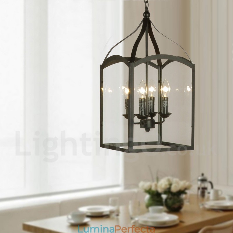 Lampă suspendată rustic Lodge cu 4 lumini, metal negru, cu abajur din sticlă