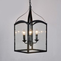 Lampă suspendată rustic Lodge cu 4 lumini, metal negru, cu abajur din sticlă