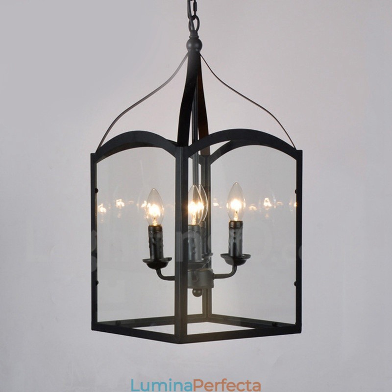 Lampă suspendată rustic Lodge cu 4 lumini, metal negru, cu abajur din sticlă