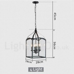 Lampă suspendată rustic Lodge cu 4 lumini, metal negru, cu abajur din sticlă