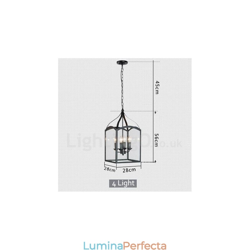 Lampă suspendată rustic Lodge cu 4 lumini, metal negru, cu abajur din sticlă