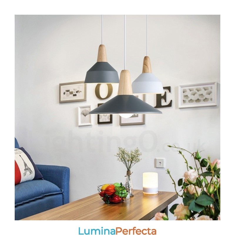 Lampă suspendată modernă, contemporană, din lemn, metal, în mai multe culori