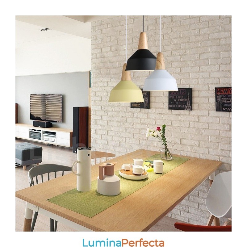 Lampă suspendată modernă, contemporană, din lemn, metal, în mai multe culori