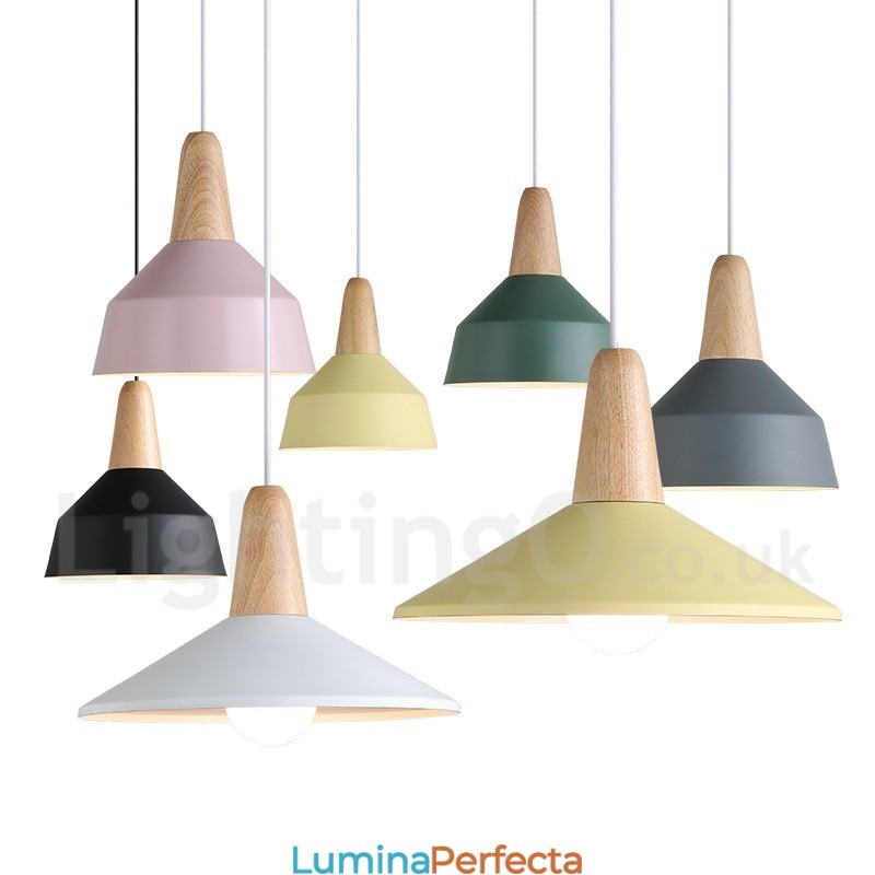 Lampă suspendată modernă, contemporană, din lemn, metal, în mai multe culori