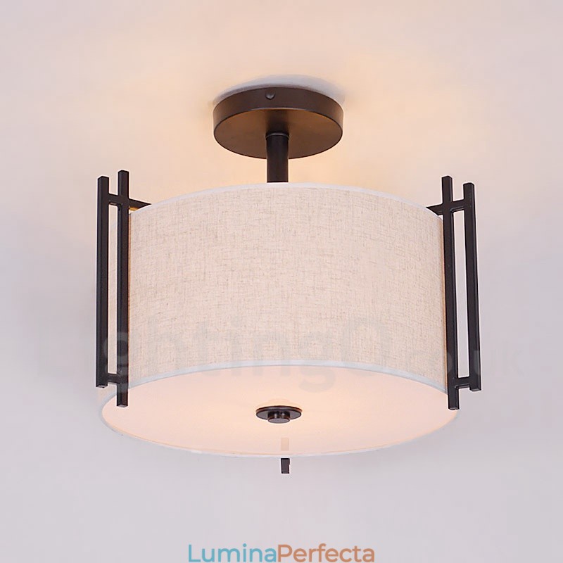 Lampă suspendată Rustic Lodge Drum din metal cu abajur din material textil