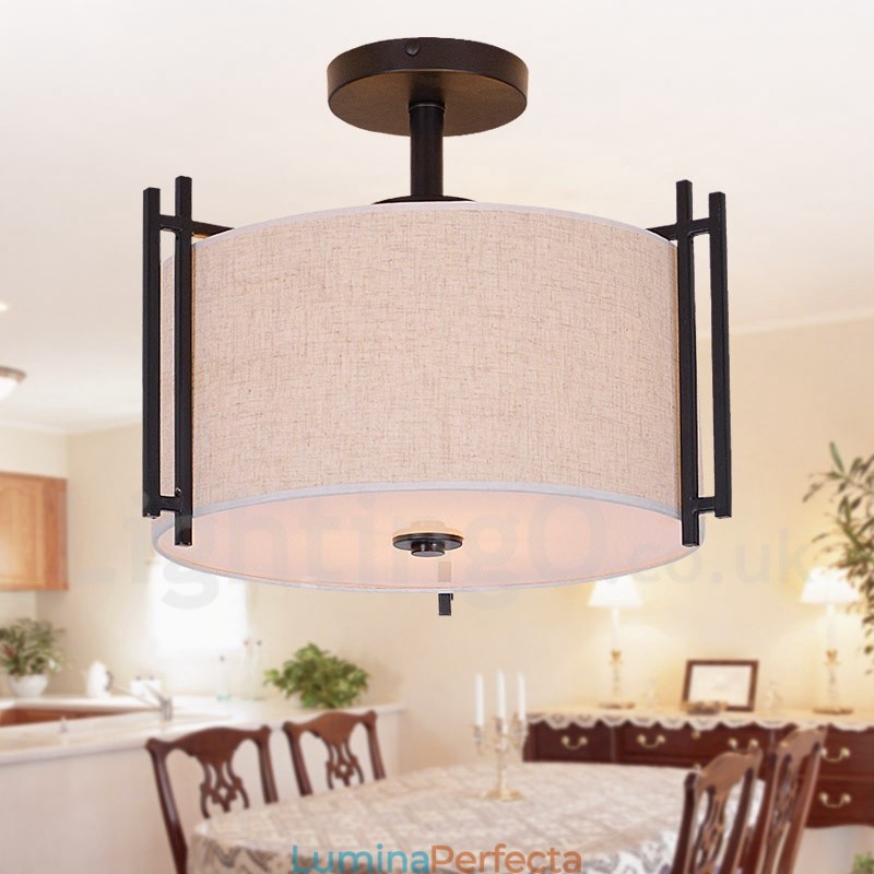 Lampă suspendată Rustic Lodge Drum din metal cu abajur din material textil