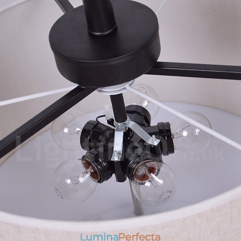 Lampă suspendată Rustic Lodge Drum din metal cu abajur din material textil