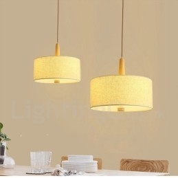 Lampă suspendată modernă, contemporană, din lemn, cu abajur din material textil