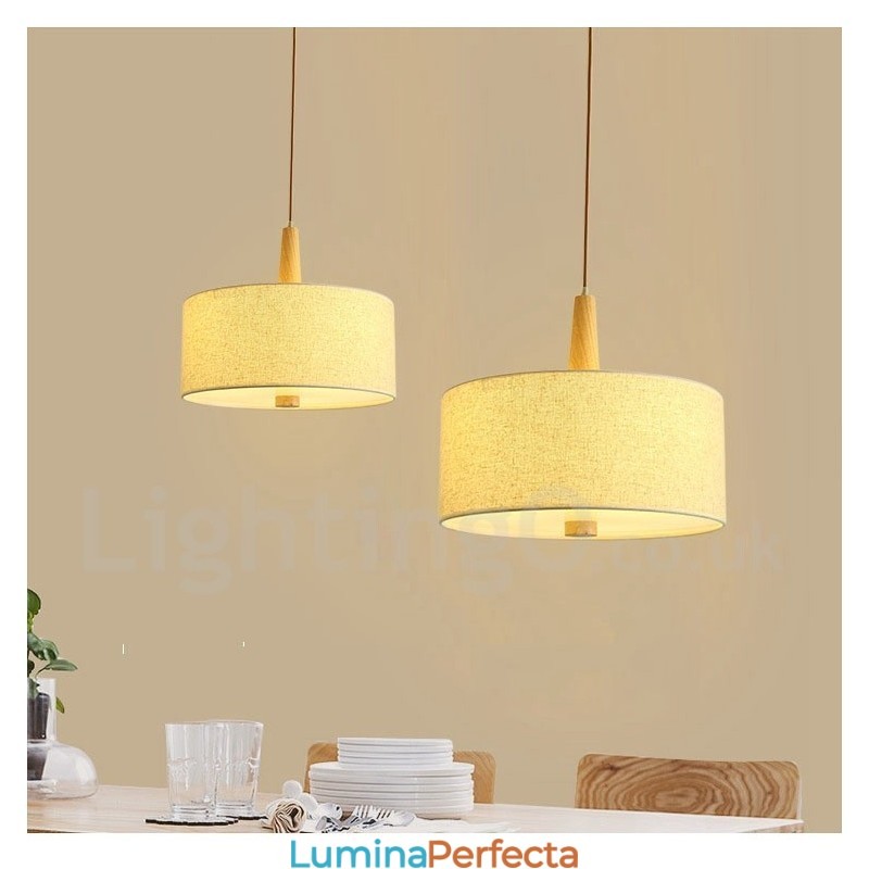 Lampă suspendată modernă, contemporană, din lemn, cu abajur din material textil