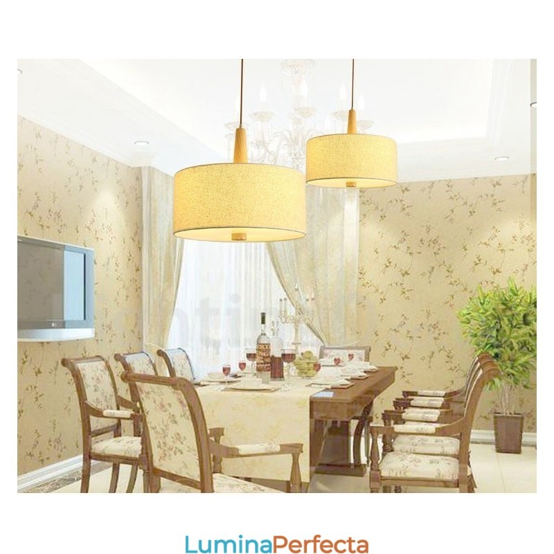Lampă suspendată modernă, contemporană, din lemn, cu abajur din material textil