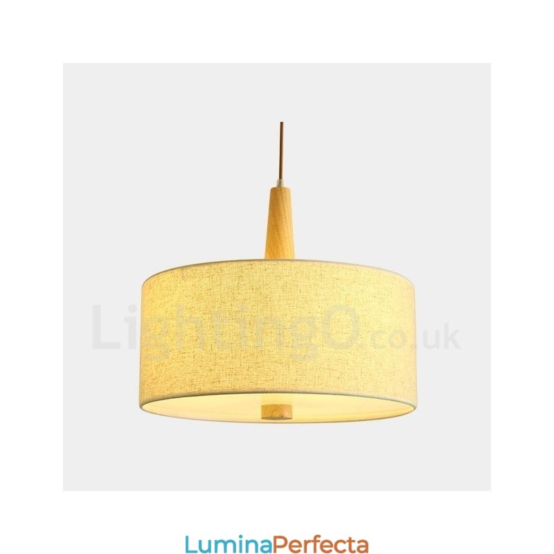 Lampă suspendată modernă, contemporană, din lemn, cu abajur din material textil