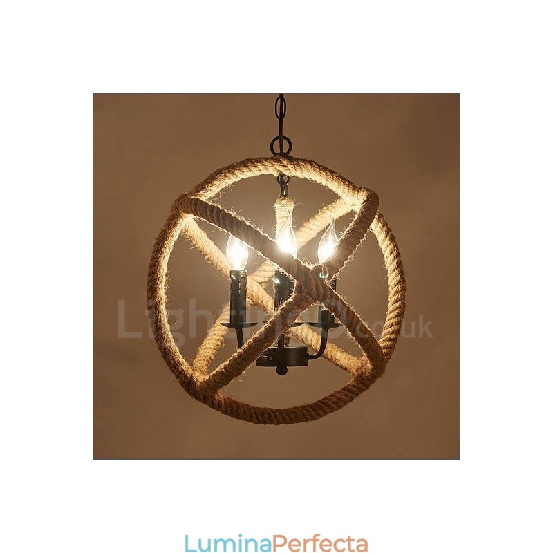 Country Hemp Rope Lampă cu pandantiv vintage cu 3 lumini