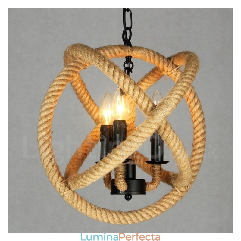 Country Hemp Rope Lampă cu pandantiv vintage cu 3 lumini