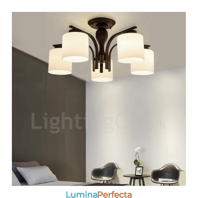 Candelabru din metal integrat Country cu 5 lumini cu abajur din sticlă