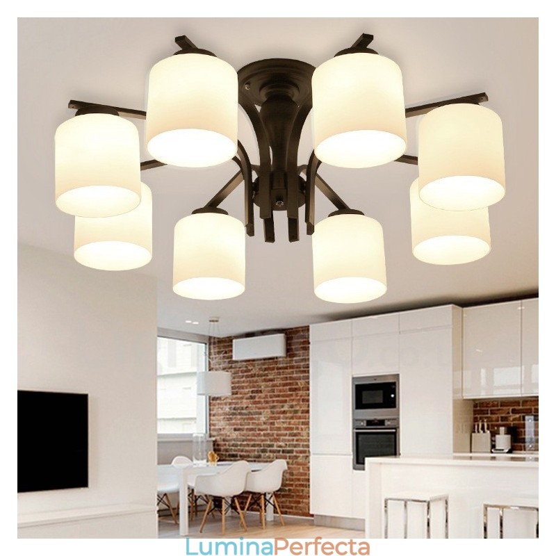 Candelabru din metal integrat Country cu 8 lumini cu abajur din sticlă