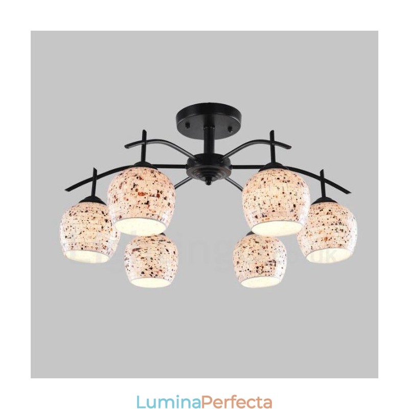 Candelabru integrat în stil mediteranean cu 6 lumini, cu abajur din sticlă
