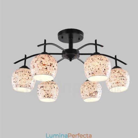 Candelabru integrat în stil mediteranean cu 6 lumini, cu abajur din sticlă Candelabru integrat în stil mediteranean cu 6 lumini, cu abajur din sticlă