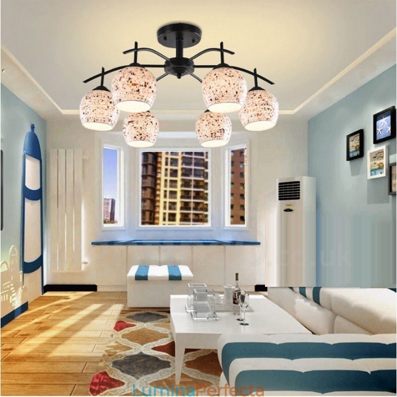 Candelabru integrat în stil mediteranean cu 6 lumini, cu abajur din sticlă