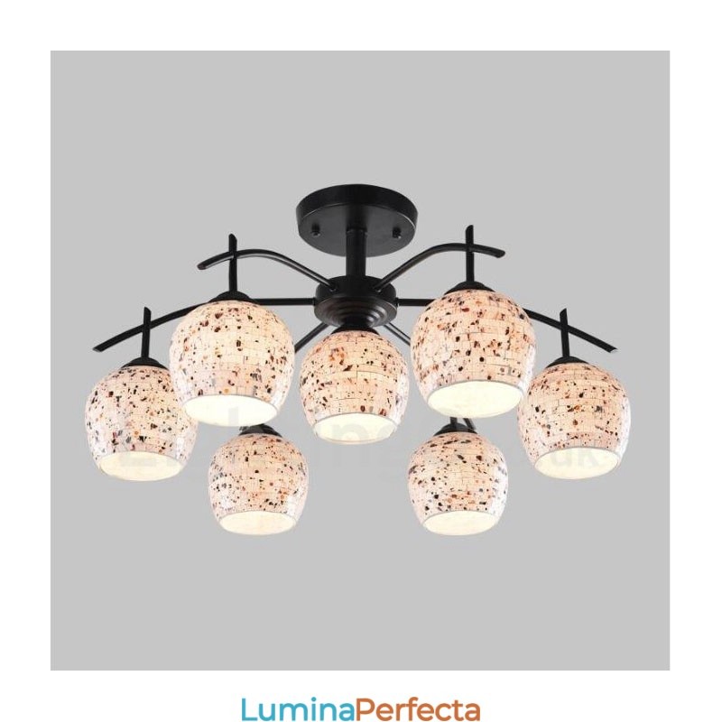 Candelabru integrat în stil mediteranean cu 7 lumini cu abajur din sticlă